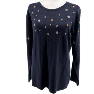 🌼Elegant Moffi Size M Navy Sweater with Daisy Embroidery, crew neck cozy